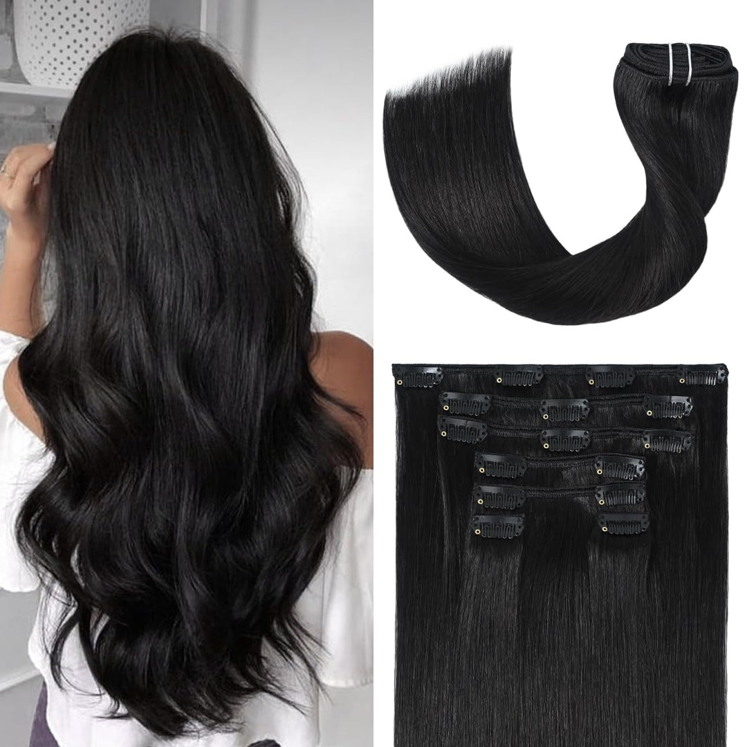 Ugotrays Black Hair Extensions Clip In Real Human Hair 70G 20 Inches 100% Remy Human Hair Natural Black Straight Double Weft For