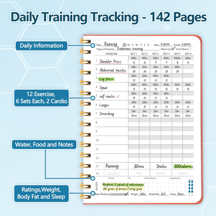 Fitness Journal-Workout Journal for Women & Men, Hard Cover Leather Fitness Planner, Workout Log Book With Gym Goals, Calendar, Progress Tracker, A5-5.7" x 8.3" - Black