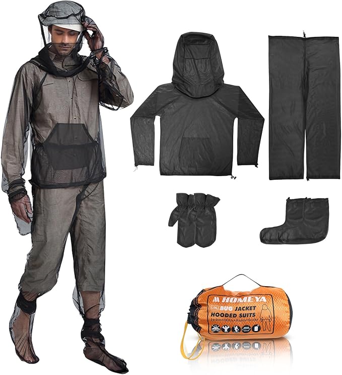 HOMEYA Bug Jacket L/XL, Anti Mosquito Netting Suit with Zipper on Hood Ultra-fine Mesh Pants Mitt Socks with Free Carry Pouch for Protecting Hunting Fishing Men Women