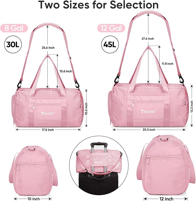 BALEINE Gym Bag for Women and Men, Small Duffel Bag for Sports, Gyms and Weekend Getaway, Waterproof Dufflebag with Shoe and Wet Clothes Compartments, Lightweight Carryon Gymbag (Pink)