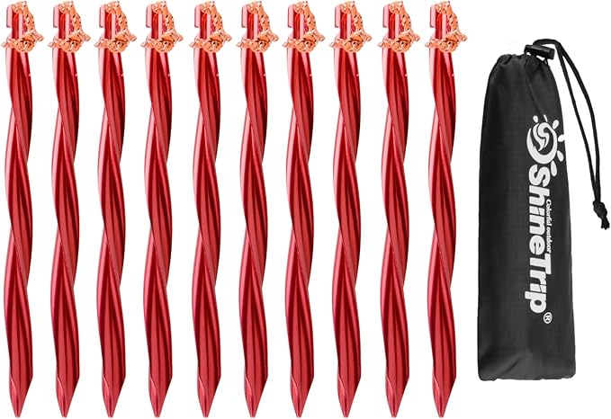 TRIWONDER Tent Stakes Heavy Duty Metal Ground Pegs Camping Stake Tarp Anchors Tent Spikes Aluminum Outdoor Sand Garden Camping Accessories for Beach (Red - Swirled Shape - 9.84 Inches - 10 Pack)