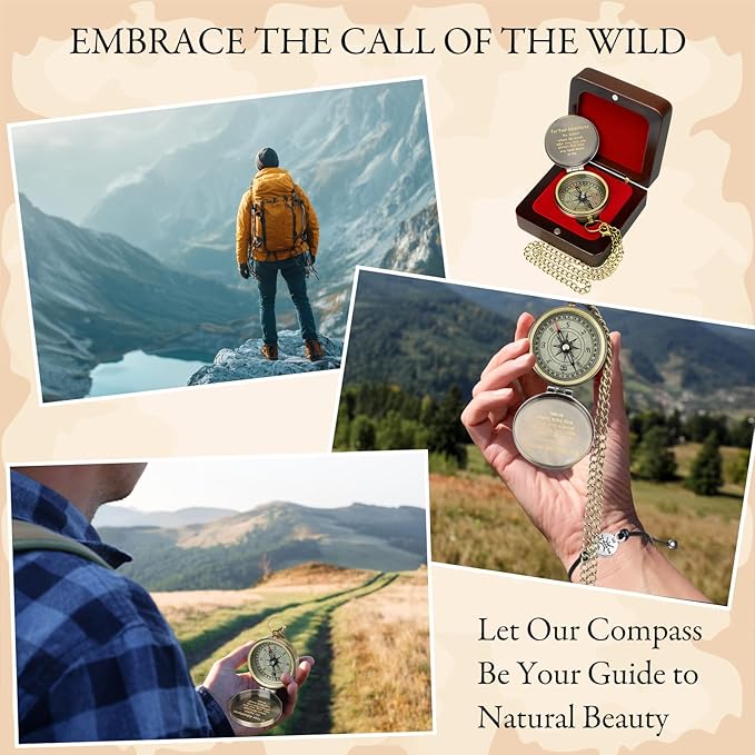 Compass Gift Set Engraved Compass with Chain Souvenir Present Bracelet with Greeting Card Walnut Wooden Box Gift Box for Women Men Friends Party Souvenir Favors