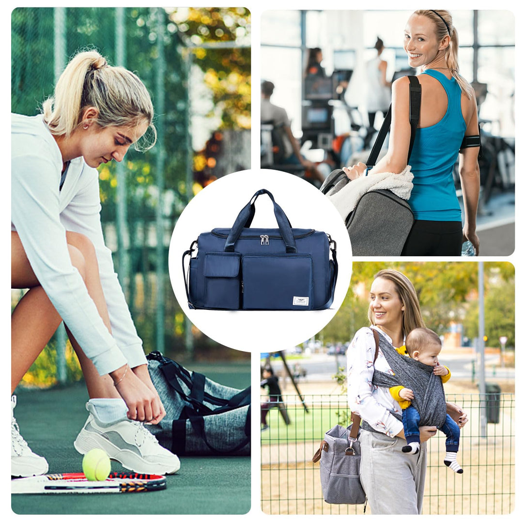 FIORETTO Women's Water-Resistant Gym Duffle Bag with Shoes Compartment, 37L Capacity, Multi-Functional, Ideal for Travel, Gym, Sports, Weekender, with Toiletry Bag, Navy Blue