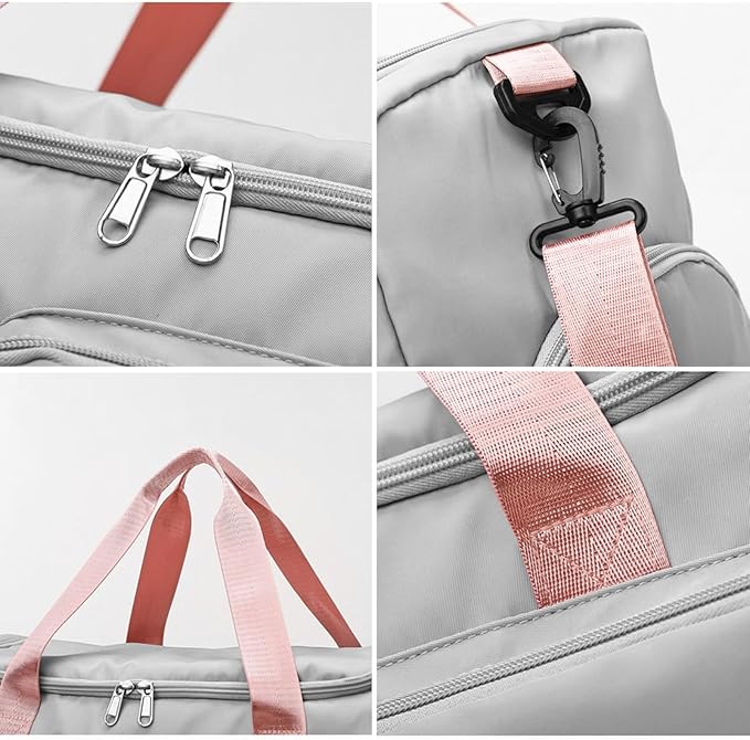 Travel Duffel Bag with Shoes Compartment Sports Gym Bag with Dry Wet Separated Pocket for Men and Women, Overnight Bag Weekender Bag Training Handbag Yoga Bag - Gray Pink