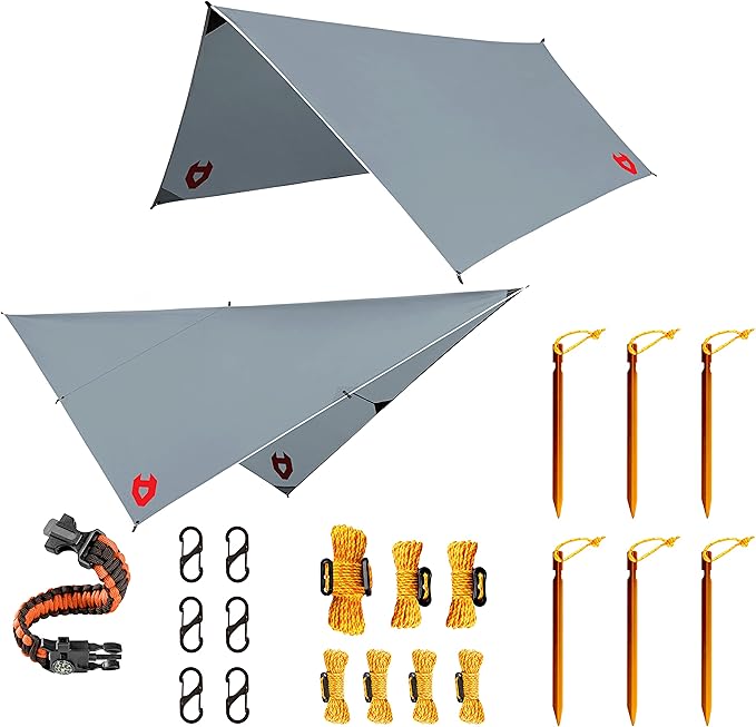 Rain Fly 10x10 Lightweight Survival Camping Tarp; 100% Waterproof; Makes a Great Backpacking Tarp or Hammock Shelter; Comes in Multiple Colors, Survival Bracelet Included; Grey