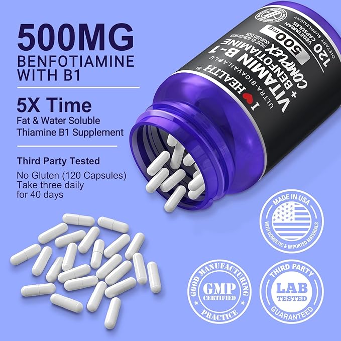 Vitamin B1 500mg with Benfotiamine 20mg, 120 Capsules – 2 in 1 B-1 Complex Enhanced Formula – Fat & Water Soluble Thiamine B1 Supplement – Third Party Lab Tested, Non-GMO, No Gluten
