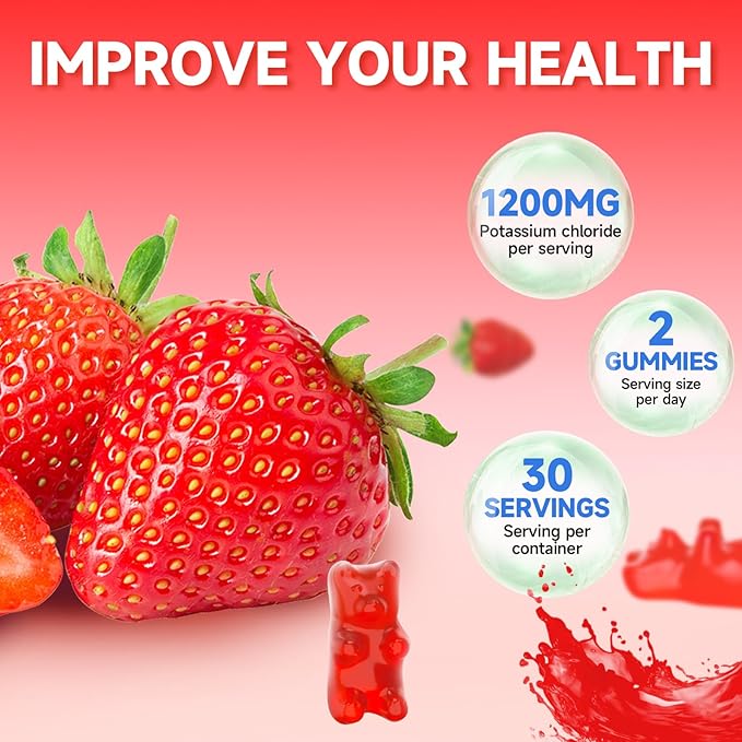 Potassium Gummies for Adults, Potassium Chloride Gummies 1200mg Support Leg Cramps & Electrolyte Balance, Strawberry Flavor 60 Count
