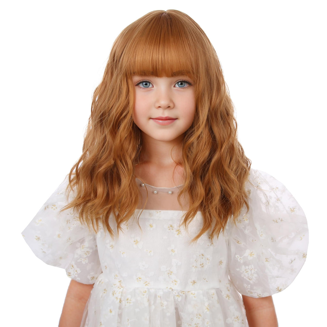 Edivd Kids Strawberry Blonde Wig Gilrs Short Blonde Wig with Air Bangs Short Blonde Wavy Curly Wig for Child Heat Resistant Synthetic Wig with Wig Cap