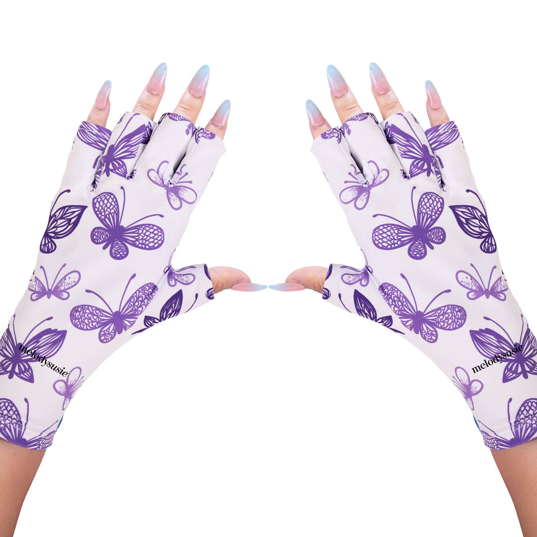 Melodysusie Anti Uv Gloves For Gel Nail Lamp, Professional Protection Gloves For Manicures, Purple Butterfly Uv Shield Gloves, N