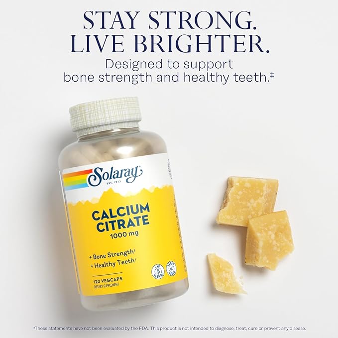 Solaray Calcium Citrate 1000mg - Chelated Calcium Supplement - Supports Bone Strength and Healthy Teeth - Easy to Digest - 60-Day Guarantee, Vegan - 30 Servings, 120 VegCaps
