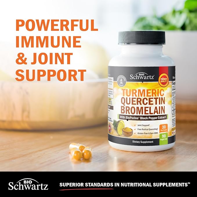 Turmeric Quercetin with Bromelain Supplement - Natural Extra Strength Immune and Joint Support with BioPerine Black Pepper for Max Absorption - Organic Tumeric Bromelain Supplement Vegan Safe, Non-GMO