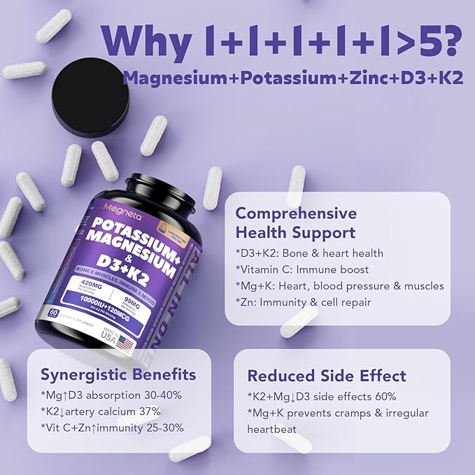 Magnesium Potassium Vitamin D3 K2 10000IU Supplement - Supports Bone, Heart, Immune Health, Mood Balance & Energy for Women & Men - Enhanced Absorption, Non-GMO - 60 Capsules