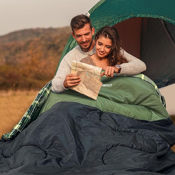 Cotton Flannel Double Sleeping Bag for Adults Machine Washable 2 Person Camping Sleeping Bag Queen Size Waterproof with Compression Sack for Cold Weather 3-4 Seasons