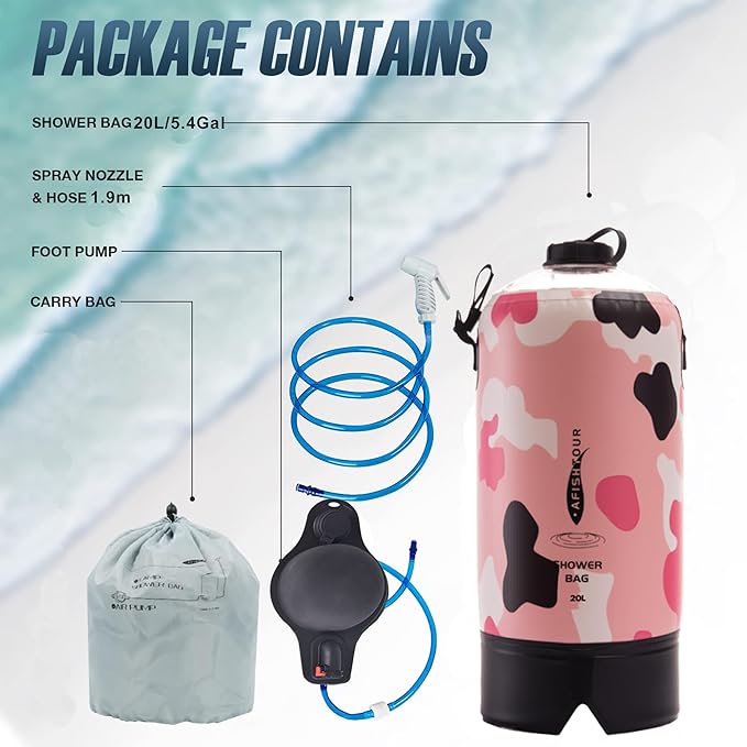 Portable Camping Shower Bag - 10L/2.2 Gallons 20/5 Gallons Solar Shower Water Bag with Foot Pump, Hose and Shower Head - Camp Shower for Camping, Beach, Travel, Outdoor Activities