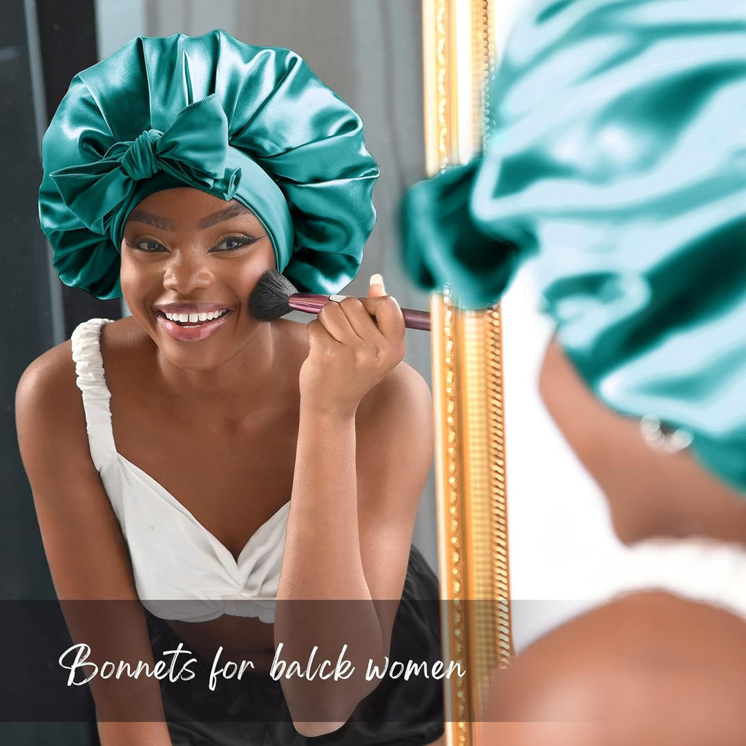 Silk Sleeping Bonnet for Women | Double Layer Satin Lined | Curly Hair, Black