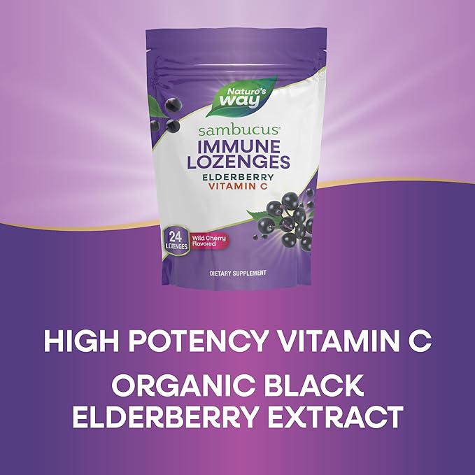Nature’s Way Sambucus Elderberry Lozenges, 1000 mg Vitamin C Per Serving, Wild Cherry, 24 Count