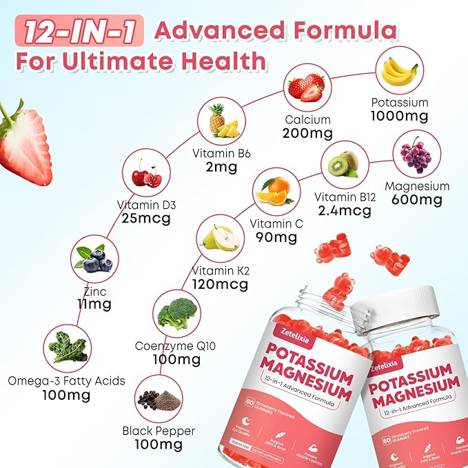 Potassium Magnesium Supplement Gummies for Adults Kids, Magnesium Glycinate & Potassium Citrate, Plus Multivitamin, Omega-3 & Black Pepper, Leg Cramps, Muscle & Heart Health, 60ct