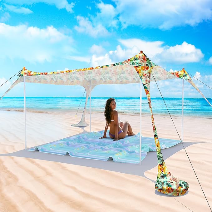 Beach Tent Pop Up Sun Shade Canopy Sun Shelter UPF50+ with 4 Stability Poles/Carry Bag/Ground Pegs/Sand Shovel/Windproof Ropes Portable Outdoor Family Sunshade for Beach Camping Fishing Picnic
