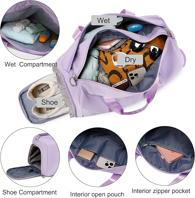 Dance Bag for Girls Sports Duffel for Girls Teen Duffle Bag Girls Weekender Bag Girls Overnight Bag Teen Gym Bag Travel Ballet Bags Yoga Bags Cheer Bag with Shoe Compartments（Purple）