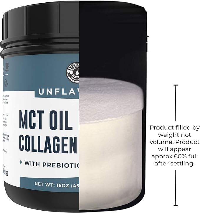 MCT Oil Powder + Keto Collagen Peptides + Acacia Fibre 16oz (Unflavored). 10g MCT, 5g Collagen. MCT Collagen for Coffee Creamer, Shakes, Smoothies, Ketogenic Low Carb Protein Powder
