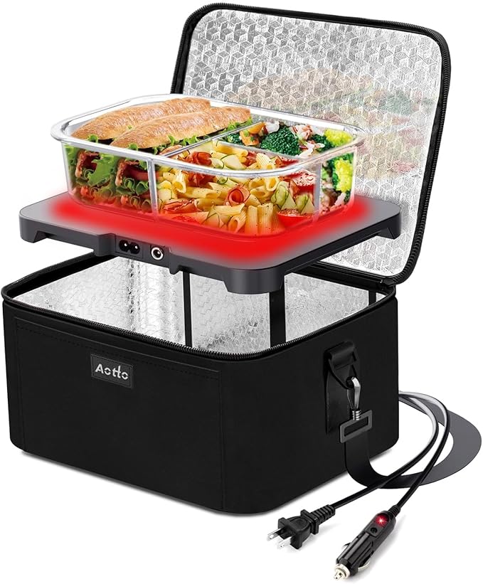Aotto Portable Oven, Electric Lunch Box Food Heater - 12V/24V/110V 3-in-1 Car Food Warmer - Mini Personal Microwave Heated Lunch Box Warmer for Car, Truck, Travel, Office & Home Use - Black
