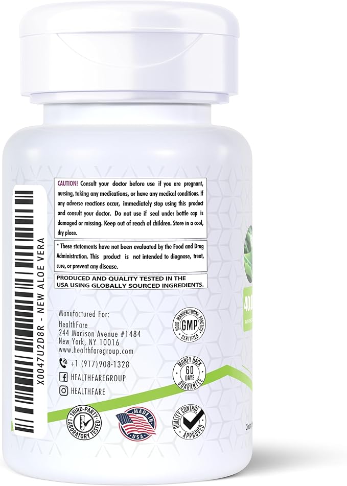 Aloe Vera Capsules Supplement, 40,000mg | 60 Veg Capsules | Non-GMO | Gluten-Free | Made in The USA