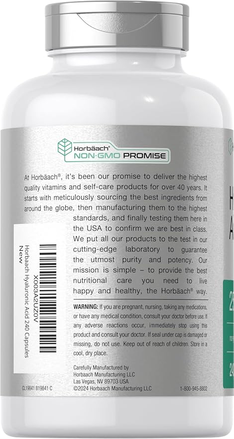 Horbäach Hyaluronic Acid Capsules | 250 mg | 240 Count | Non-GMO and Gluten Free Supplement