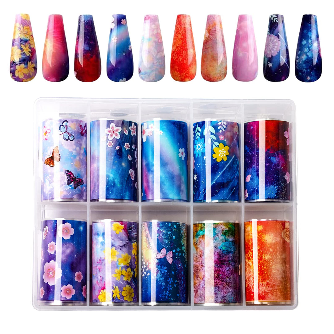 Makartt Nail Art Foil Stickers 10 Rolls Nail Foil Transfer Stickers With Starry Sky Flower Butterfly Nail Foil Adhesive Nail Dec