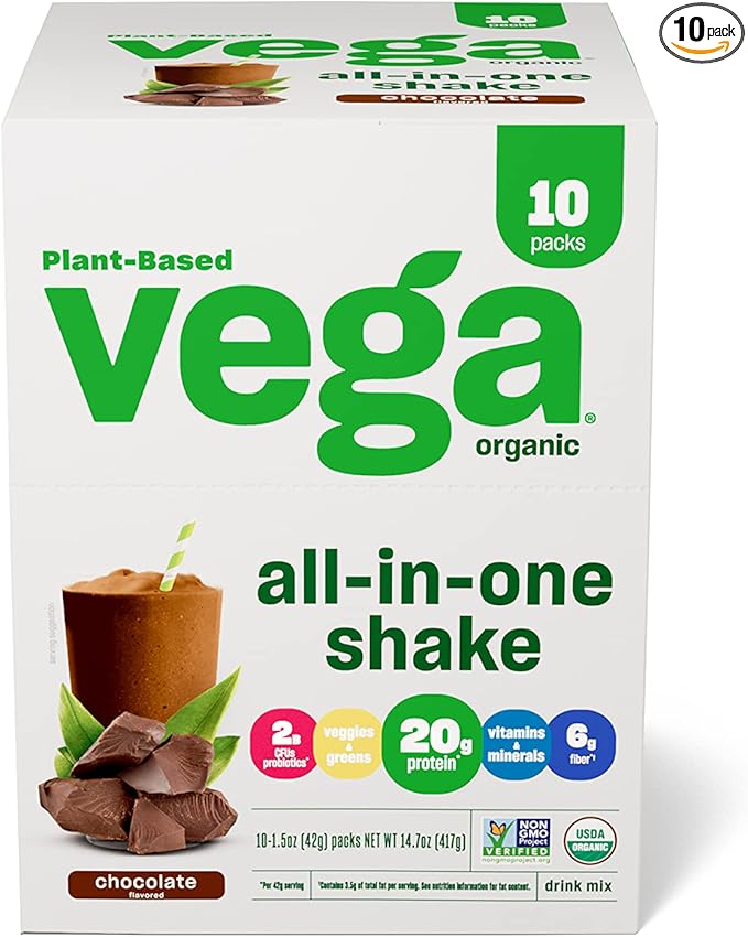 Vega Organic All-in-One Vegan Protein Powder, Chocolate - Superfood Ingredients, Vitamins for Immunity Support, Keto Friendly, Pea Protein for Women & Men, 14.7 oz (Packaging May Vary)