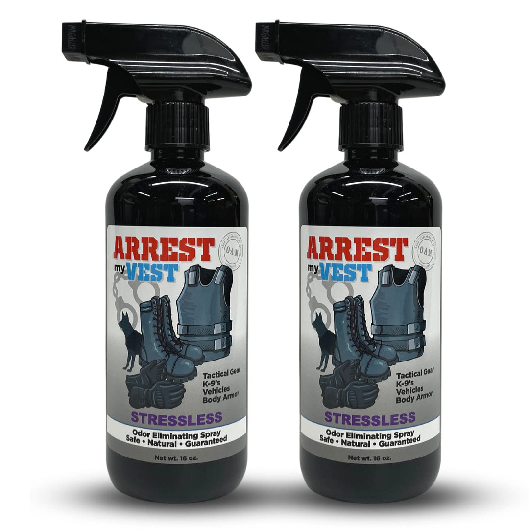 Arrest My Vest Military and Police Grade Odor Eliminating Spray for Body Armor Odor, Tactical Gear. Safe on K9's. Safe on All Ballistic Vests and Fabrics - New Stressless Fragrance - 2 16 oz Bottles