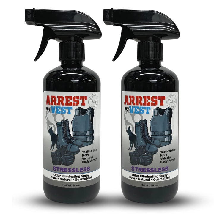 Arrest My Vest Military and Police Grade Odor Eliminating Spray for Body Armor Odor, Tactical Gear. Safe on K9's. Safe on All Ballistic Vests and Fabrics - New Stressless Fragrance - 2 16 oz Bottles