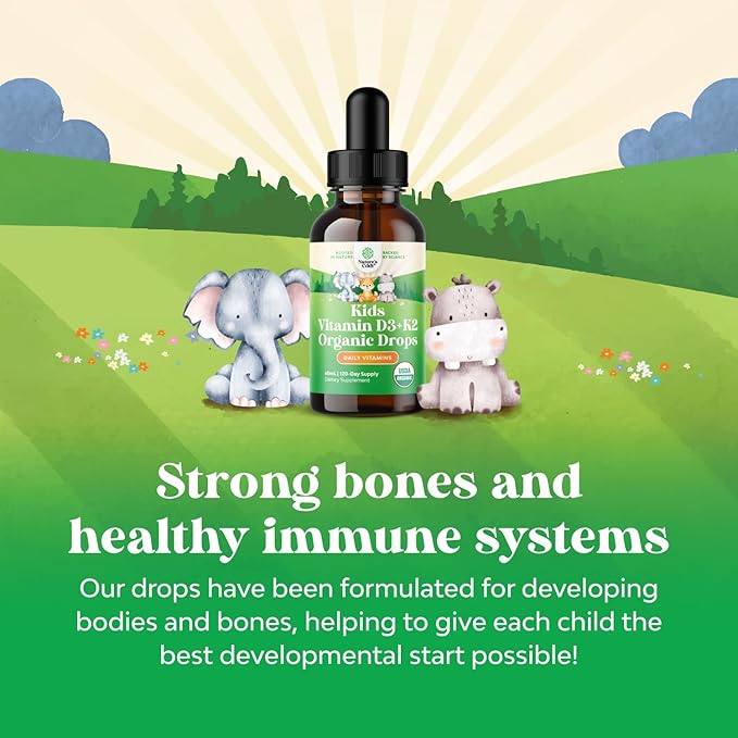 Natures Craft Kids Vitamin D3 K2 Drops - Organic Vitamin D for Kids for Strong Bones & Joints - Infants, Babies & Toddler Immune Support Drops Liquid Supplement - 60 ml Bottle