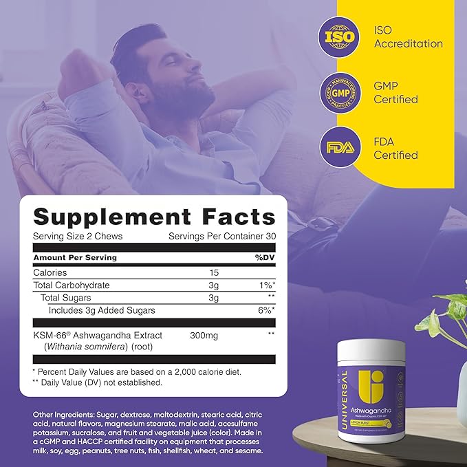 Ashwagandha KSM- 66 Chews - Daily Stress, Cognitive Function and Mood Support Chewable Supplement, Highly Bioavailable Full Spectrum KSM66 Ashwagandha Root Extract, Calm & Relaxation - Lemon, 60 Count