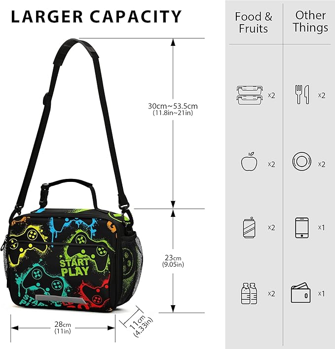 Video Game Pattern Lunch Bag Insulated Lunch Boxes Cooler Cooling Tote Food Container for Adults Men Women