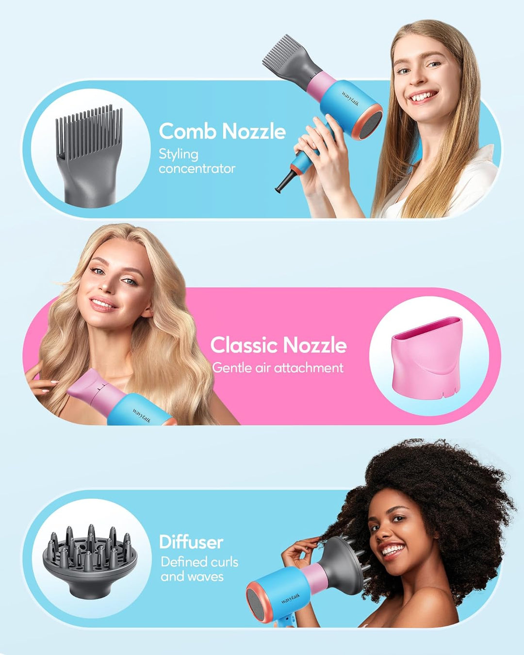 Wavytalk 1875W Ionic Hair Dryer | Diffuser & Comb for Curly Hair | Green