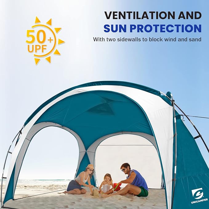 Beach Tent 12 X 12ft Large UPF50+ Pop Up Canopy with 2-Pcs Side Wall, Sun Shelter Rainproof, Waterproof for Camping Trips, Backyard Fun, Fishing, Parties, Or Picnics(Ocean Blue)