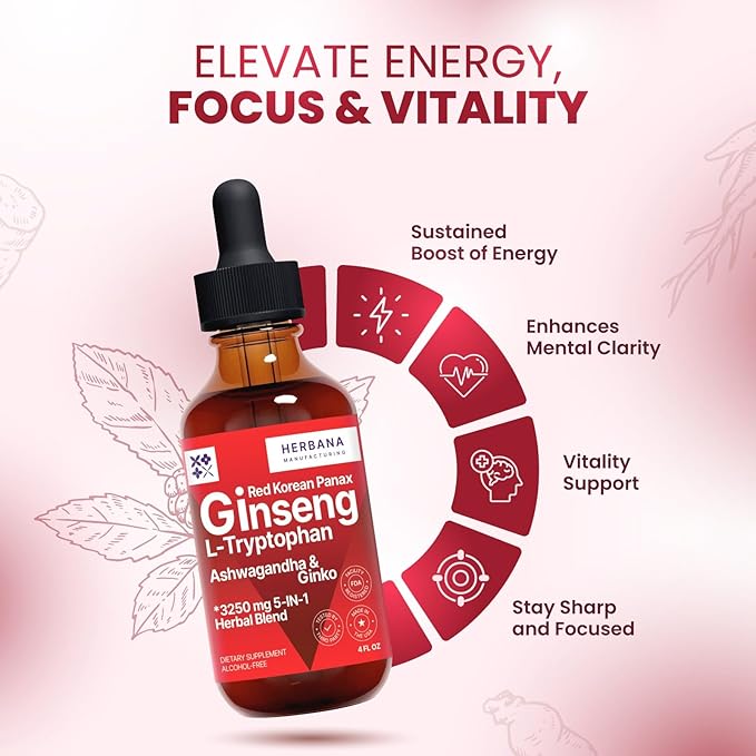Red Korean Panax Ginseng & L-Tryptophan Liquid Extract Formula 4 fl oz - Ashwagandha, Ginkgo Biloba - Energy, Cognitive Performance & Focus - Immune System and Vitality Support Tincture