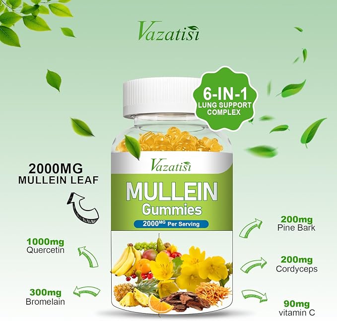 Mullein Gummies, Mullein Leaf Extract with Bromelain, Quercetin, Pine Bark Support Lung Cleanse for Healthy Breathing, 60ct