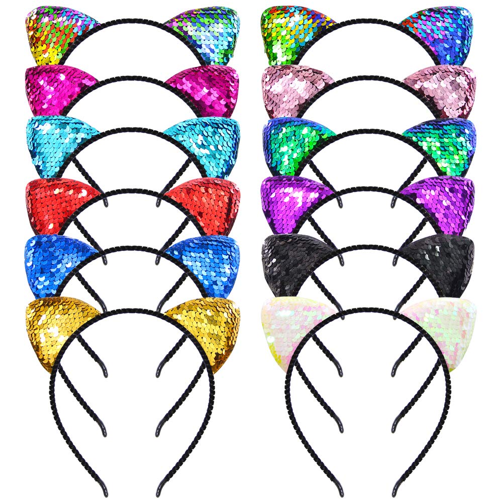 Beinou 12 PCS Reversible Sequin Cat Ears Headband Shiny Cat Ear Hair Hoops Cute Bling Kitty Hairband Hair Accessories for Girls