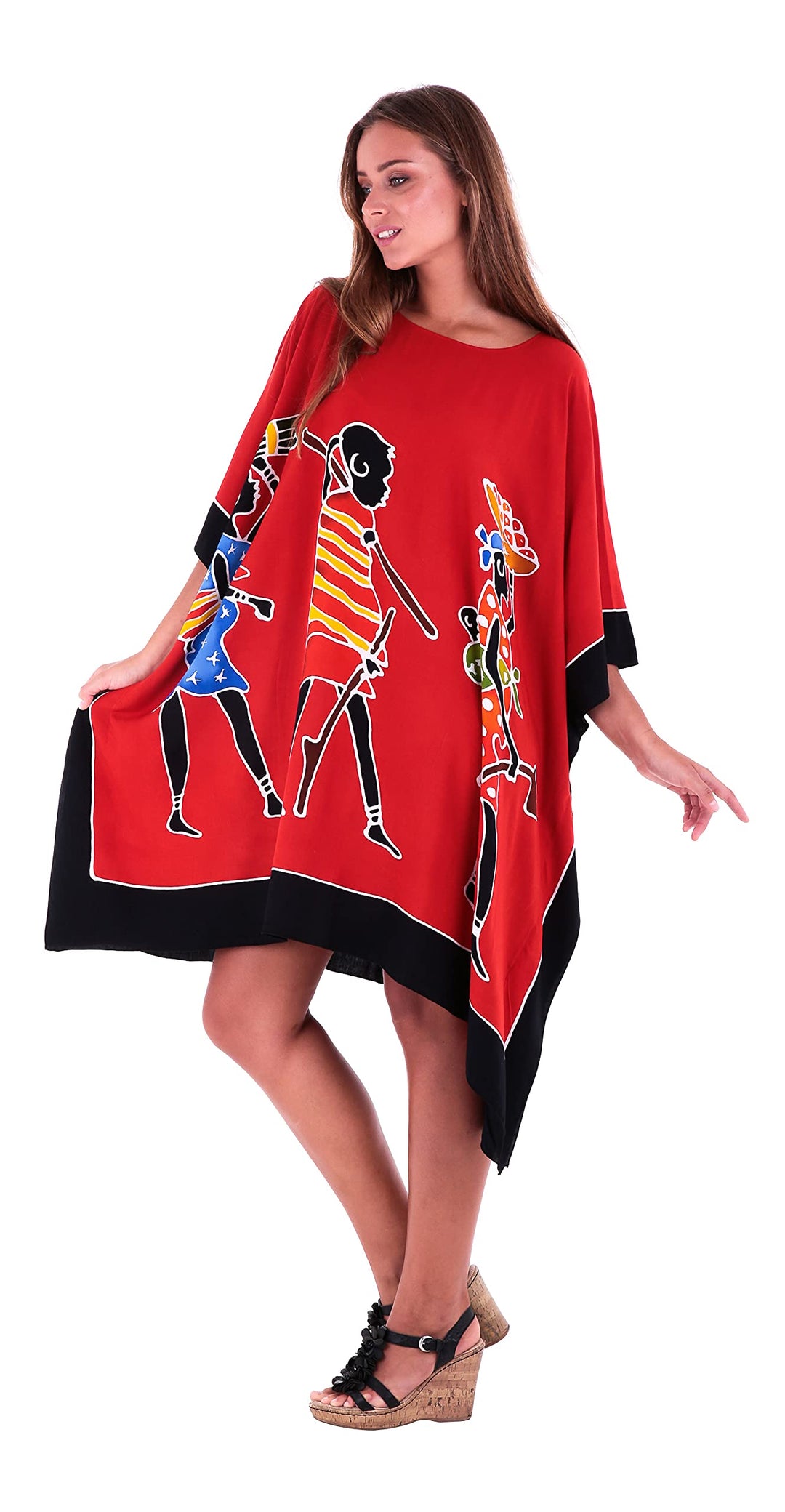 SHU-SHI Womens Short Caftan Poncho Tribal Tunic Swimwear Cover Up Red