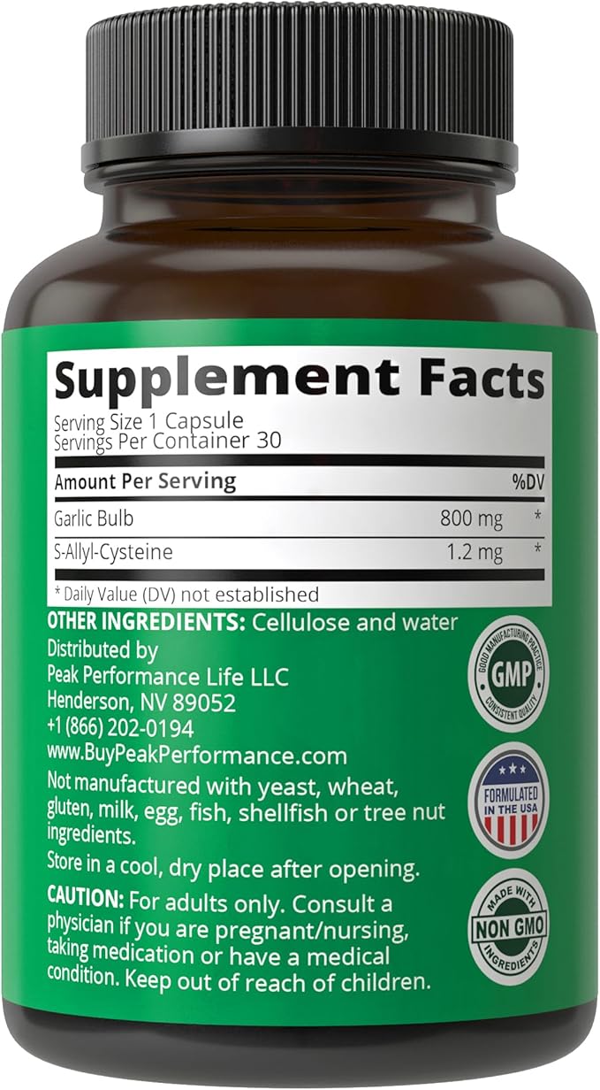 Peak Performance Aged Black Garlic Capsules. Raw Vegan Pure Odorless Extract Supplement Pills for Cholesterol, and Immune Support. from Garlic Bulb with S-Allyl Cysteine and Antioxidants