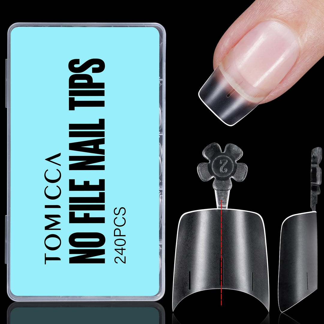 Tomicca Short Squoval Nail Tips, 240Pcs Acrylic Full Matte Half Cover Nail Tips With Positioning Line, 12 Sizes No C Curve Clear