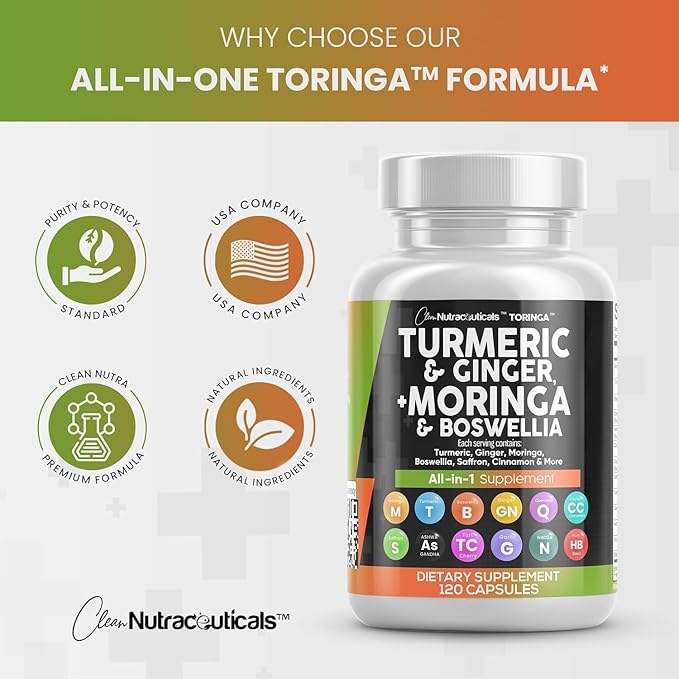 Turmeric Moringa Supplement | Ginger Boswellia Saffron - Supplement for Women and Men with Ceylon Cinnamon, Tart Cherry, Quercetin Garlic Nettle Holy Basil - 5Pack