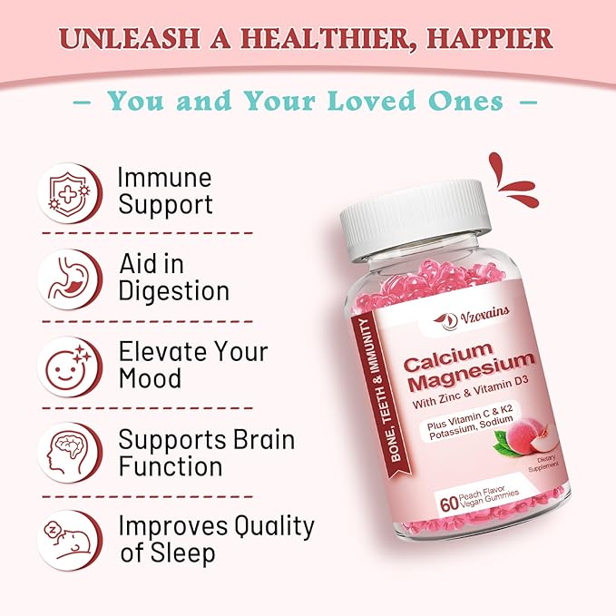 High Absorption Calcium Gummies, Sugar Free Calcium Magnesium Zinc Gummies with Vitamin D3 for Men and Women, Peach Flavored 60 Cts