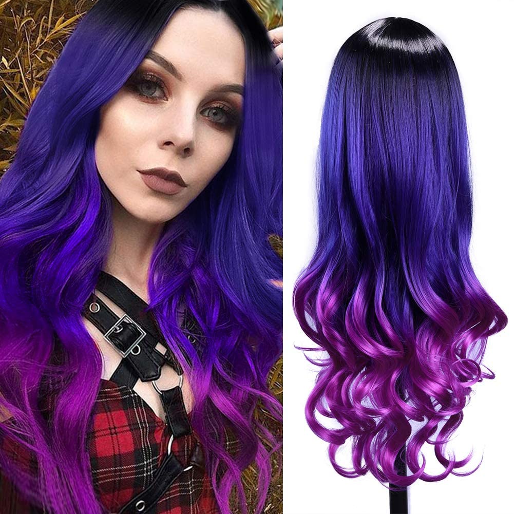 Hanne 3 Tone Ombre Color Long Purple Wig Rainbow Mermaid Purple Wigs Black To Blue To Purple Hair Heat Resistant Dark Root Synth