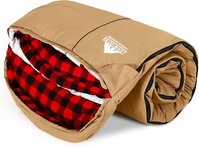 AGEMORE 0 Degree Canvas Sleeping Bag for Fishing, Hunting, Traveling and Camping Particularly in Cold Winter Outdoor with Removable Flannel Liner and Free Compression Sack for Big and Tall Adults
