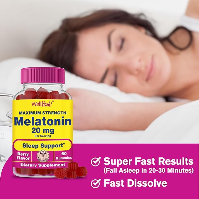 Melatonin Gummies 20mg | Sleep Support | Maximum Strength Melatonin 20mg Gummies for Adults | Fast Dissolved | Great Berry Flavor | 60 Count | Vegan, Non GMO