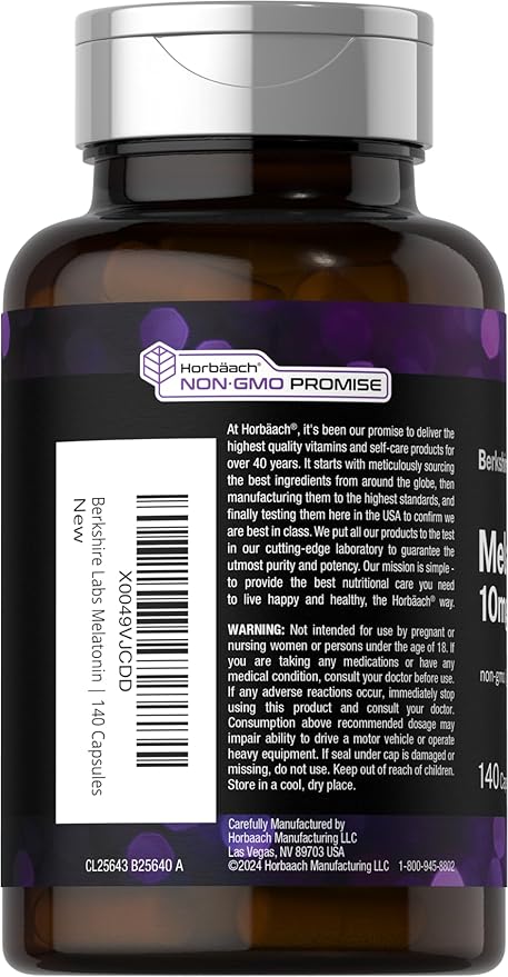 Horbäach Berkshire Labs Melatonin 10mg | 140 Quick Release Capsules | Extra Strength Formula | Non-GMO, Gluten Free Supplement