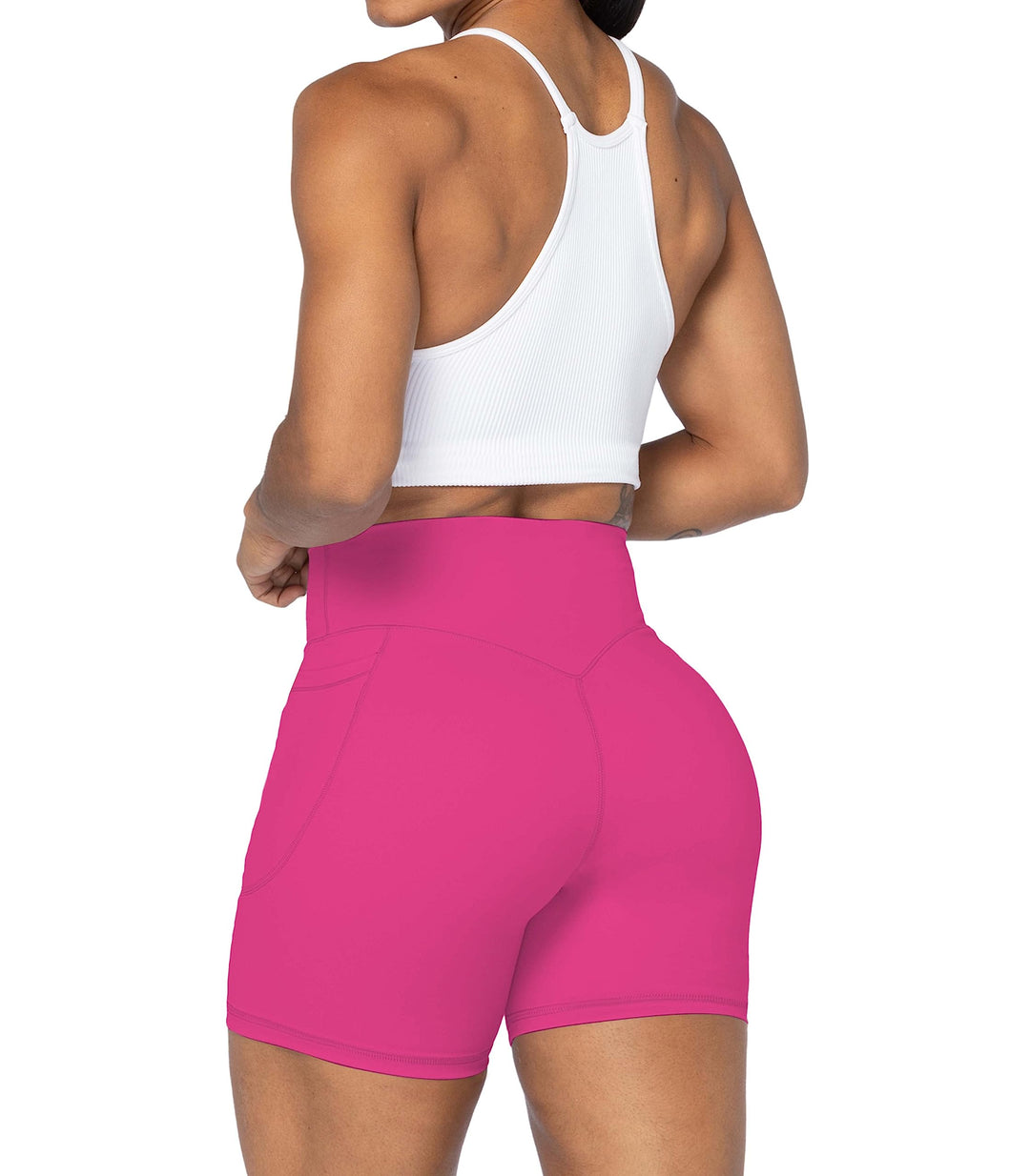 Sunzel No Front Seam Biker Shorts for Women with Pockets, Yoga Workout Gym Bike Shorts with Tummy Control 5" Sonic Pink X-Small