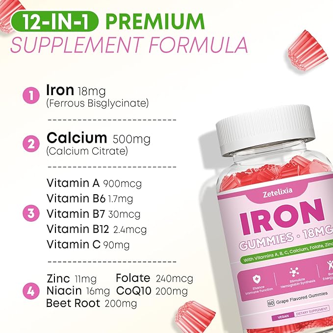 Vegan Iron Supplement Gummies for Women & Men, Anemia, Blood Builder & Energy Support for Iron Deficiency, with Vitamin C, A, B Complex, Folate, Beet Root, CoQ10, Zinc, Sugar Free, 60 Count